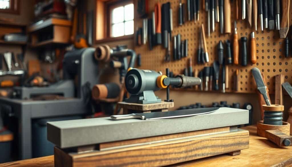 A well-lit workshop setting showcasing an arrangement of essential sharpening tools and equipment. In the foreground, a high-quality whetstone in a wooden base, with a bevel-edged knife resting on its surface. In the middle ground, a pedestal-mounted bench grinder with various grinding and buffing attachments. In the background, a pegboard wall displaying an assortment of hand files, sharpening rods, and other precision sharpening implements. Warm, natural lighting filters in from windows, creating a sense of craftsmanship and attention to detail. The overall scene conveys a professional, well-equipped workshop primed for maintaining blades, bits, and tools in peak condition.