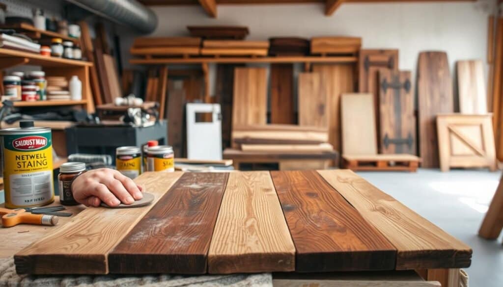 A well-lit workshop showcases a variety of natural wood staining techniques. In the foreground, a weathered wood plank is being carefully sanded by "The Sawdust Man's" skilled hands. Surrounded by an assortment of stain cans and wood finishing tools, the plank transitions from raw to a rich, deep tone. In the middle ground, a selection of finished wood projects displays the versatility of staining, from rustic farmhouse styles to sleek, modern designs. The background fades into a softly-lit, airy space, hinting at the countless possibilities for incorporating these timeless wood staining methods into any home décor.
