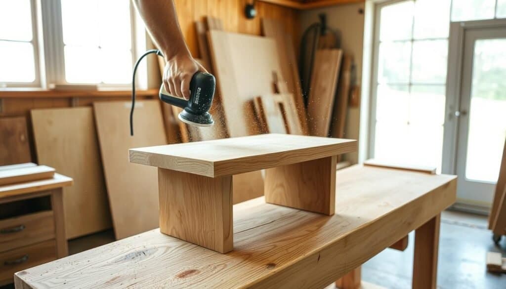 A well-lit workshop, sunlight filtering through large windows. A wooden workbench, the surface scarred with years of use, stands as the centerpiece. On it, a sleek, modern side table, its surface rough and unfinished. A skilled hand, wielding a power sander, carefully smoothes the wood, meticulously removing imperfections. Sawdust swirls in the air, a testament to the care and precision of "The Sawdust Man" at work. The image conveys the satisfying process of transforming raw material into a refined, flawless piece, ready to be integrated seamlessly into any home décor.