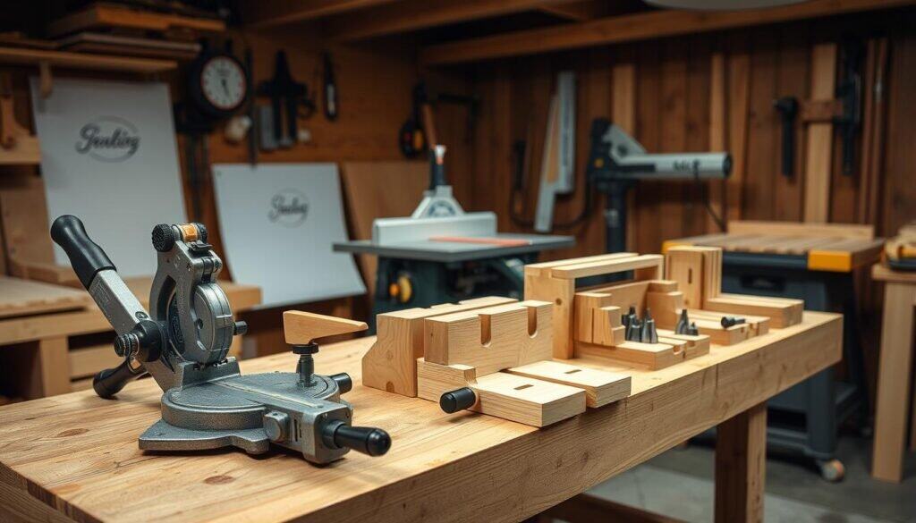 A well-lit workshop with a variety of advanced woodworking jigs prominently displayed on a sturdy workbench. In the foreground, a precision miter gauge with micro-adjustments sits next to a dovetail jig, their intricate mechanisms clearly visible. In the middle ground, a router table with a collection of specialty router bits and a box joint jig stand ready for intricate joinery tasks. The background features a wall-mounted band saw with a resawing fence, hinting at the breadth of jig-assisted techniques available to the skilled woodworker. The overall scene conveys a sense of order, expertise, and the joy of craftsmanship.