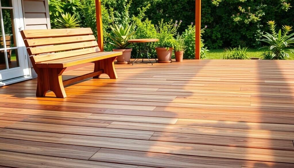 A well-maintained wooden patio, its smooth boards gleaming in the warm sunlight. Gentle shadows play across the surface, highlighting the natural grain and texture. In the foreground, a weathered wooden bench stands invitingly, its surface sanded and oiled to a soft sheen. Potted plants and a small table create a cozy, relaxing atmosphere. In the background, lush greenery frames the scene, hinting at a serene garden beyond. The overall mood is one of tranquility and understated elegance, with a focus on the natural beauty of the carefully curated wooden elements.