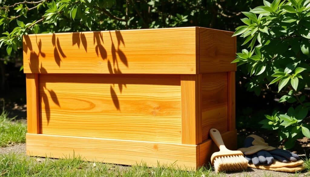 A well-maintained wooden planter box stands in a sunny garden, its warm, natural hues and clean lines complementing the lush greenery surrounding it. Dappled sunlight filters through the branches overhead, casting gentle shadows on the smooth, weathered surface. A pair of gardening gloves and a small hand brush rest nearby, suggesting a recent session of gentle cleaning and light sanding to preserve the box's pristine appearance. The planter's sturdy construction and attention to detail inspire a sense of timeless craftsmanship, inviting the viewer to imagine the joy of tending to thriving plants within its embrace for years to come. A well-maintained wooden planter box stands in a sunny garden, its warm, natural hues and clean lines complementing the lush greenery surrounding it. Dappled sunlight filters through the branches overhead, casting gentle shadows on the smooth, weathered surface. A pair of gardening gloves and a small hand brush rest nearby, suggesting a recent session of gentle cleaning and light sanding to preserve the box's pristine appearance. The planter's sturdy construction and attention to detail inspire a sense of timeless craftsmanship, inviting the viewer to imagine the joy of tending to thriving plants within its embrace for years to come.