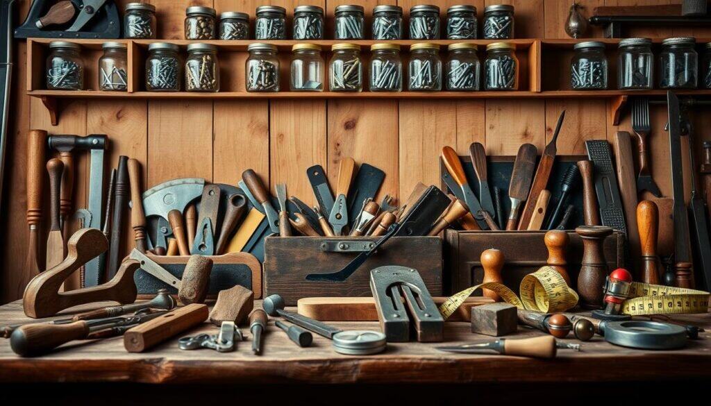 A well-organized and visually captivating still life of a collection of classic woodworking tools, neatly arranged against a warm, rustic backdrop. In the foreground, a sturdy workbench showcases an array of hand tools, including a claw hammer, chisel set, and a smooth, polished plane. In the middle ground, a toolbox overflows with various saws, screwdrivers, and a retractable tape measure, hinting at the precise, meticulous work to come. The background features a wall of weathered wooden shelves, adorned with vintage mason jars filled with nails, screws, and other hardware essentials. The overall scene exudes a sense of craftsmanship, order, and the promise of a peaceful, fulfilling woodworking project. A well-organized and visually captivating still life of a collection of classic woodworking tools, neatly arranged against a warm, rustic backdrop. In the foreground, a sturdy workbench showcases an array of hand tools, including a claw hammer, chisel set, and a smooth, polished plane. In the middle ground, a toolbox overflows with various saws, screwdrivers, and a retractable tape measure, hinting at the precise, meticulous work to come. The background features a wall of weathered wooden shelves, adorned with vintage mason jars filled with nails, screws, and other hardware essentials. The overall scene exudes a sense of craftsmanship, order, and the promise of a peaceful, fulfilling woodworking project.