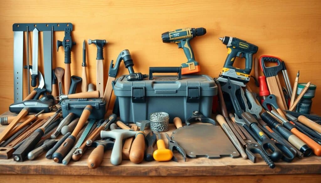 A well-organized collection of DIY tools for home improvement projects, neatly arranged on a rustic wooden workbench. The foreground features a variety of hand tools, including hammers, saws, screwdrivers, and pliers, all in a neutral color palette. The middle ground showcases power tools such as a cordless drill, jigsaw, and sander, complemented by a toolbox and a small container of screws and nails. The background depicts a warm, natural-toned wall, creating a cozy and inviting atmosphere for a DIY workshop. The lighting is soft and diffused, highlighting the textures and details of the tools, conveying a sense of professionalism and expertise.