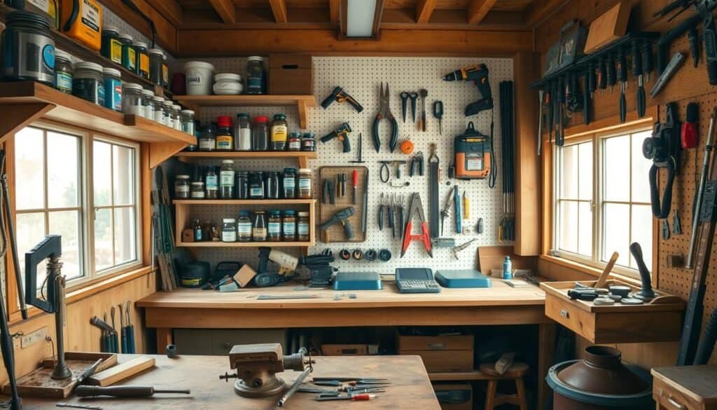 A well-organized compact woodshop with repurposed household items. A vintage workbench in the foreground, adorned with various hand tools, measuring devices, and a worn wooden vise. In the middle ground, shelves crafted from salvaged materials hold an assortment of labeled jars, containers, and boxes, neatly storing small parts and accessories. The background showcases a wall-mounted pegboard system, its hooks and attachments displaying a diverse collection of power tools, clamps, and shop accessories. Warm, natural lighting from large windows illuminates the space, creating a cozy, efficient atmosphere. The scene embodies the "The Sawdust Man" brand's commitment to budget-friendly, space-saving woodshop organization.