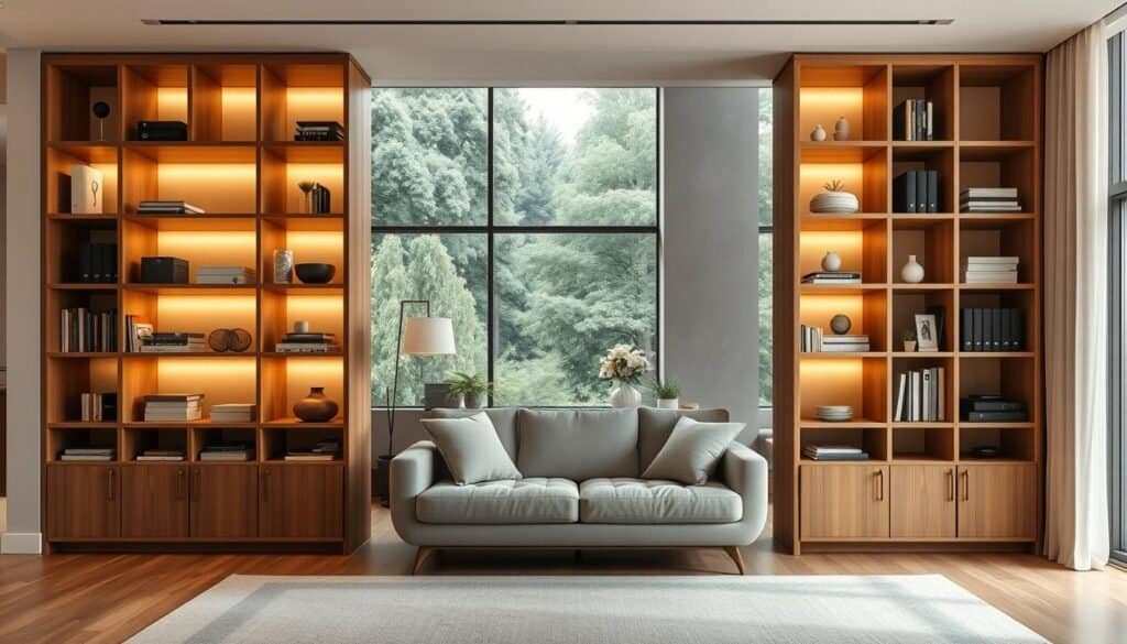 A well-organized modern living room with clean lines and minimal clutter. A custom-built wooden storage unit with neatly arranged cubbies, shelves, and hidden compartments dominates the foreground, casting warm, soft lighting across the space. In the middle ground, a plush, neutral-toned couch and accent chairs create a cozy seating area. The background features large windows overlooking a lush, nature-filled vista, bathing the room in natural light. The overall atmosphere is one of calm, order, and refined sophistication.
