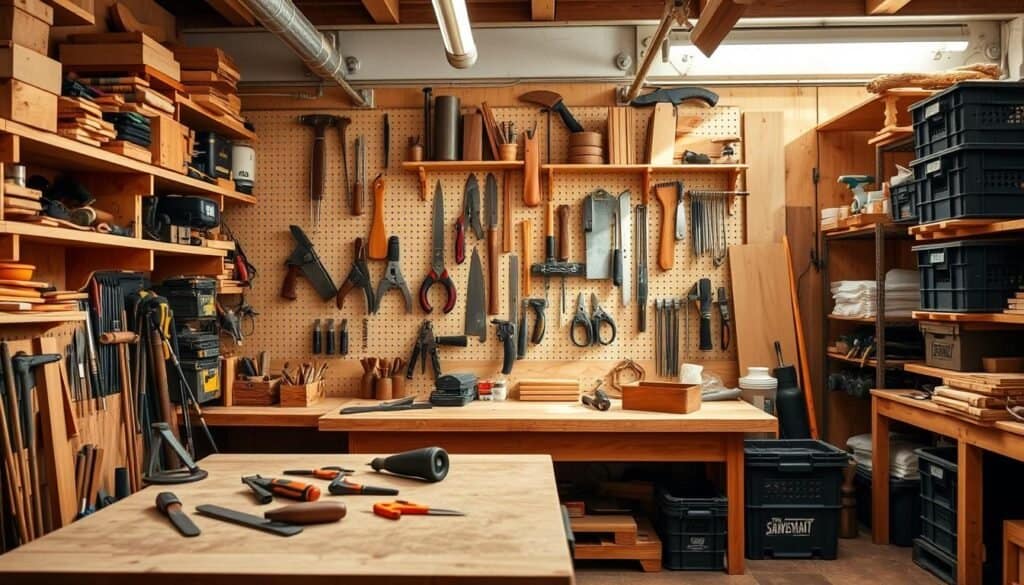 A well-organized wood shop with a variety of low-cost storage solutions. Shelves, pegboards, and crates neatly holding tools, hardware, and materials. Warm natural lighting illuminates the space, highlighting the rich textures of the wood. In the foreground, "The Sawdust Man" branded workbench with a variety of hand tools. The middle ground features a pegboard wall showcasing hand saws, chisels, and other small items. In the background, sturdy storage crates and shelves hold larger equipment and supplies. An inviting, functional workspace that maximizes efficiency within a limited budget.
