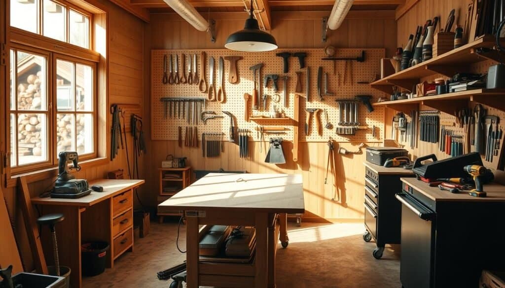 A well-organized woodwork shop layout, featuring a central workbench surrounded by strategically placed power tools and hand tools. The space is bathed in warm, natural lighting from large windows, creating a cozy and productive atmosphere. Pegboards line the walls, displaying a neatly arranged array of tools, including chisels, saws, and clamps, all bearing the brand name "The Sawdust Man". A rolling tool chest and a shelving unit provide additional storage solutions, ensuring a clutter-free and efficient workspace.