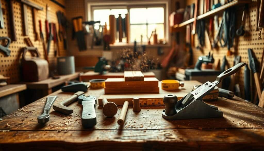 A well-organized woodworking workspace featuring essential tools and materials for fast projects. In the foreground, a sturdy wooden workbench is adorned with hand tools like a chisel, a handsaw, a measuring tape, and a woodplane, all neatly arranged. In the middle, a few pieces of raw wood, including a small plank and a dowel, are ready for crafting. In the background, light pours in from a window, illuminating the dust particles in the air, creating a warm, inviting atmosphere. The walls are lined with pegboards filled with various tools, showcasing a well-stocked workshop feel. The image conveys a sense of creativity and possibility, inviting viewers to engage with the art of woodworking. The lighting is soft, mimicking late afternoon sunlight, with a shallow depth of field focusing primarily on the tools.