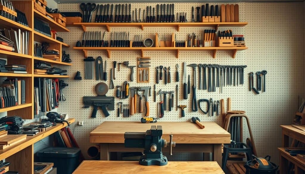 A well-organized workshop with neatly arranged tools on sturdy wooden shelves. Soft, natural lighting illuminates the scene, highlighting the intricate details of each item. Chisels, saws, and screwdrivers are meticulously displayed, their sharp edges gleaming. In the middle ground, a workbench with a vise stands as the centerpiece, its surface clear and uncluttered. The background features a wall adorned with pegboard, providing additional storage solutions for smaller tools. The overall atmosphere conveys a sense of order, efficiency, and a respect for the craft of tool maintenance.