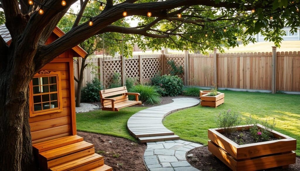 A whimsical backyard scene featuring an assortment of warm, rustic wooden additions. In the foreground, a charming wooden treehouse with delicate scrollwork and a cozy window seat. Nearby, a set of handcrafted wooden steps and a swing hanging from a sturdy branch. In the middle ground, a wooden walkway snakes through a lush garden, bordered by a uniquely shaped wooden planter box. Overhead, a canopy of string lights casts a gentle glow, creating a cozy, inviting atmosphere. The background showcases a well-kept lawn and a fence with decorative wooden lattices. The lighting is soft and natural, capturing the beauty of the wooden textures and the harmonious integration of the additions into the serene, family-friendly yard.