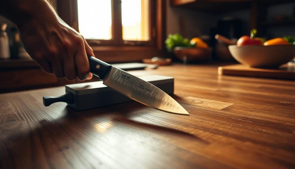 A wooden kitchen countertop, with a well-worn chef's knife resting on a sharpening stone. Warm, natural lighting filters through a nearby window, casting a soft glow over the scene. The knife's blade glints as it is carefully drawn across the abrasive surface, with the user's hands guiding the motion with precision and care. In the background, a few kitchen essentials, such as a cutting board and a bowl of fresh produce, are visible, hinting at the culinary tasks to come once the knife is expertly sharpened. The overall atmosphere conveys a sense of focus, skill, and the importance of maintaining the tools of the trade.