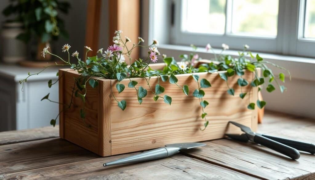 A wooden planter box stands on a weathered wooden surface, its smooth, sanded sides gleaming in the soft, natural light filtering through a nearby window. Delicate vines and flowers cascade over the edges, adding a touch of natural elegance. Nearby, a small trowel and a set of pruning shears rest on the surface, hinting at the recent finishing touches applied to this cozy, homemade creation. The overall atmosphere is one of calm, rustic charm, inviting the viewer to imagine the peaceful moments spent tending to this living, growing work of art. A wooden planter box stands on a weathered wooden surface, its smooth, sanded sides gleaming in the soft, natural light filtering through a nearby window. Delicate vines and flowers cascade over the edges, adding a touch of natural elegance. Nearby, a small trowel and a set of pruning shears rest on the surface, hinting at the recent finishing touches applied to this cozy, homemade creation. The overall atmosphere is one of calm, rustic charm, inviting the viewer to imagine the peaceful moments spent tending to this living, growing work of art.