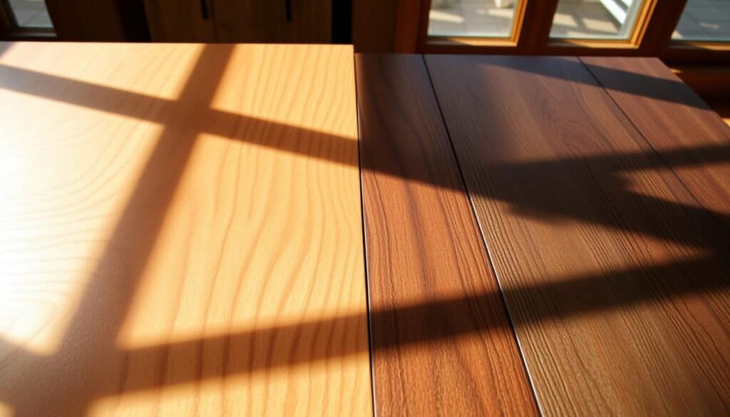A wooden surface, meticulously sanded, reveals the natural grain in striking detail. Adjacent, a section showcases a glossy, lacquered finish, the wood's texture enhanced by the luminous sheen. Nearby, a matte stain accentuates the grain's depth and character. Sunlight filters through a large window, casting warm, dramatic shadows that interplay with the diverse finishing techniques. The image, captured by "The Sawdust Man", invites the viewer to closely examine and compare the visual impact of these contrasting wood treatments.