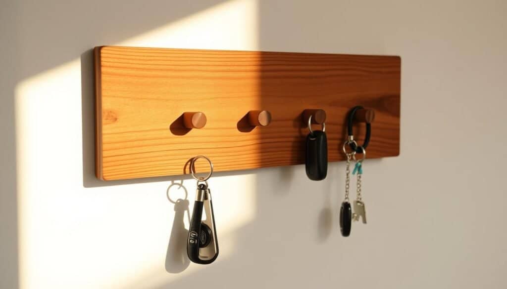 A wooden wall-mounted key holder with a rustic, handcrafted aesthetic. Featuring a minimalist design with three to five pegs arranged in a linear or geometric pattern, stained a warm, natural tone. The grain of the wood is visible, creating a textured, tactile surface. Mounted securely on the wall with simple hardware, casting soft shadows that add depth and dimension. Lighting is natural, diffused, and slightly warm, highlighting the wood's organic beauty. The key holder is positioned at a comfortable height, ready to neatly organize and display a set of house, car, and other important keys. The overall mood is one of practical functionality seamlessly blended with rustic, handmade charm.