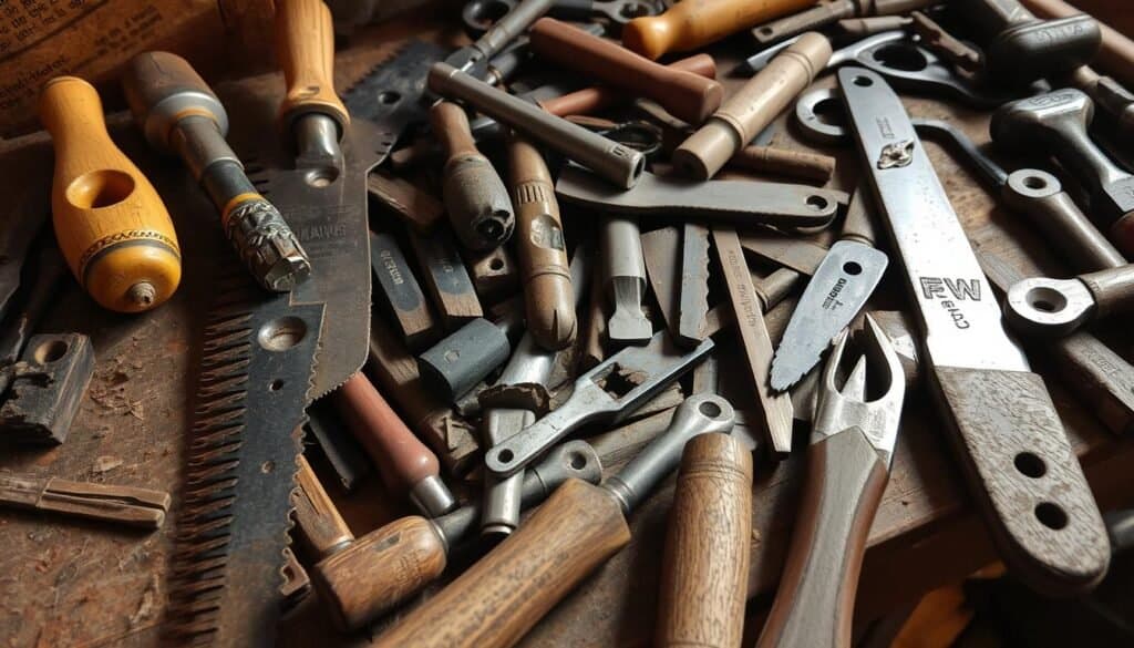 A workbench cluttered with an array of tools - dull saw blades, chipped drill bits, and blunted chisels. Worn wooden handles, dulled metal edges, and a layer of grime suggest long hours of use. Soft, warm lighting illuminates the scene, casting shadows that highlight the uneven surfaces. The overall atmosphere conveys a sense of neglect, a need for maintenance and care. This scene serves as a cautionary tale, a visual reminder of the importance of keeping tools sharp and well-maintained for optimal performance and safety.