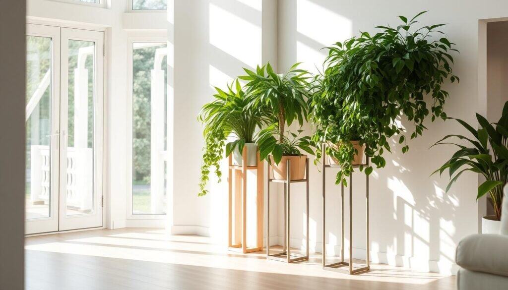 An airy, sun-drenched living room with a cozy corner showcasing a pair of sleek, modern plant stands. The stands are made of pale wood and brushed metal, perfectly complementing the room's neutral palette and minimalist aesthetic. Lush, verdant plants cascade over the edges, bringing a refreshing natural touch to the space. Soft, diffused lighting filters in through large windows, casting a warm glow and creating a tranquil, serene atmosphere. The clean lines of the plant stands and the gentle curves of the foliage work in harmony, transforming this forgotten nook into an inviting, nature-inspired oasis.