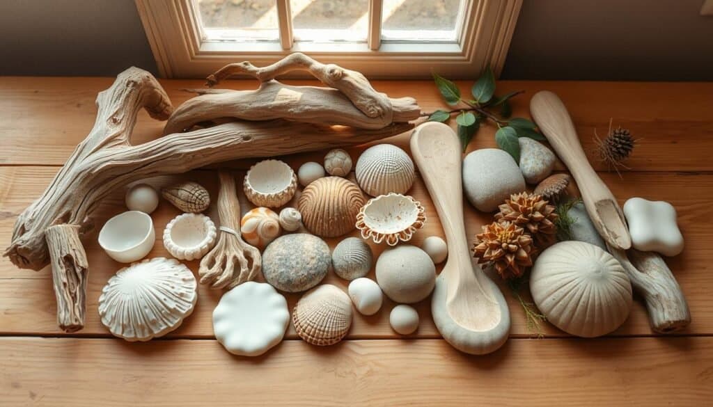 An assortment of handcrafted, natural texture tools arranged on a wooden surface. A variety of driftwood, seashells, river stones, and plant materials in soft, earthy tones. Warm, gentle lighting from an overhead window casts a cozy glow, highlighting the organic shapes and intricate details. The tools are carefully positioned to create a sense of balance and harmony, inviting the viewer to reach out and touch the soothing, tactile surfaces. A serene, mindful atmosphere pervades the scene.