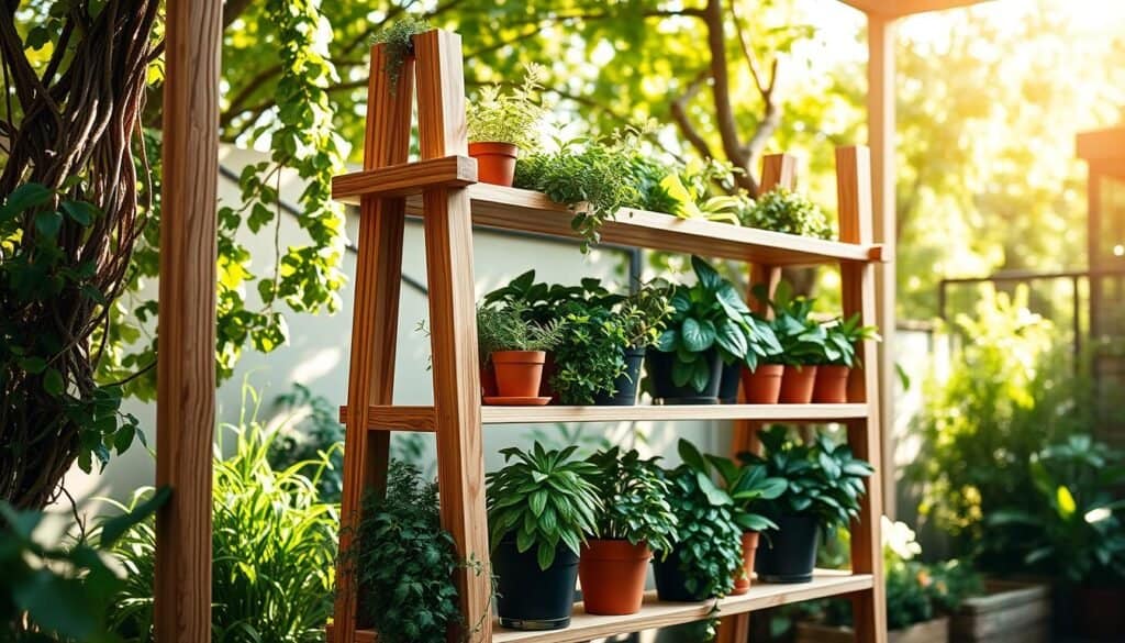 An elegant DIY wooden plant stand set against a sun-dappled outdoor backdrop. Sturdy, natural wooden frames support multiple tiers, showcasing a variety of lush, verdant potted plants. Intricate woodgrain textures and a smooth, sanded finish create a high-quality, handcrafted aesthetic. Warm, diffused lighting filters through the scene, casting soft shadows and imbuing the arrangement with a sense of rustic charm. The plant stand is positioned in a serene, natural setting, perhaps a secluded garden or shaded patio, allowing the wooden accents to seamlessly blend with the surrounding greenery.