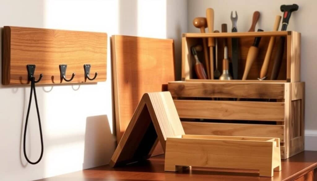 An elegant collection of functional wood crafts crafted by The Sawdust Man. In the foreground, a sleek wooden wall-mounted coat rack with minimalist metal hooks. In the middle ground, a sturdy wooden laptop stand with a smooth, sanded surface. In the background, a rustic wooden storage crate with dovetailed corners, displaying various woodworking tools. The lighting is natural and warm, highlighting the rich grain and texture of the wood. The overall composition conveys a sense of understated sophistication and a designer's touch, perfectly suited for the article's "Functional Wood Crafts with Designer Appeal" section.