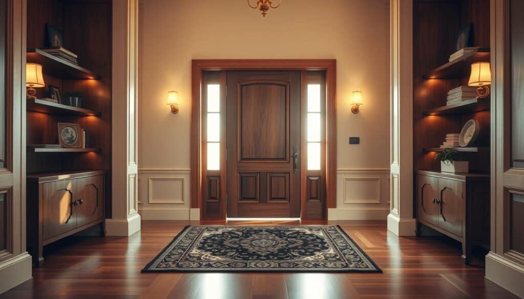 An elegantly designed entryway, the first glimpse of a welcoming home. A sturdy wooden door, its grain shimmering in the soft, diffused light spilling in from above. Meticulously crafted shelves flank the doorway, displaying tasteful décor and inviting the visitor to step inside. The floor, a polished hardwood, reflects the warm hues of the surrounding walls, creating a harmonious and visually striking scene. A plush, intricately patterned rug anchors the space, adding depth and texture. Delicate sconces cast a gentle glow, illuminating the entryway and setting the tone for the home beyond. This is a space that immediately captivates the senses, a seamless blend of form and function that leaves a lasting impression.