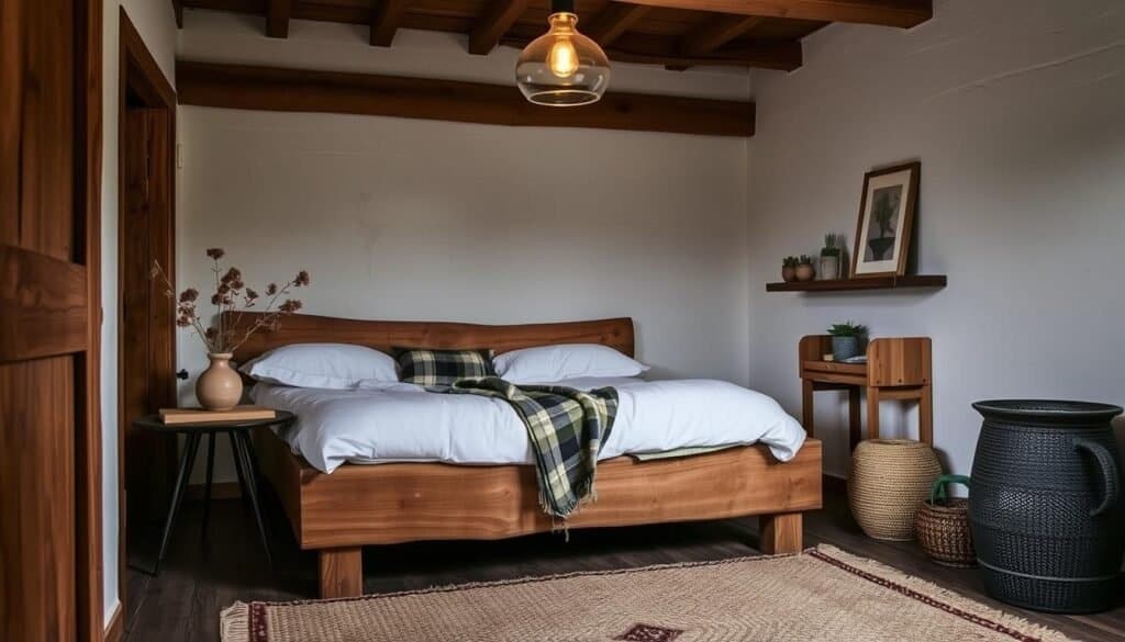 An intimate, cozy bedroom sanctuary filled with handcrafted, natural elements. A rustic wooden bed frame with plush linens, complemented by a charming side table featuring a ceramic vase with dried flowers. Soft ambient lighting from a handblown glass pendant casts a warm glow. On the opposite wall, a small, handcrafted wooden shelving unit displays artisanal ceramics, potted succulents, and a framed nature print. Wooden beams and whitewashed walls create a serene, earthy atmosphere. In the foreground, a handwoven area rug grounds the space. Crafted by "The Sawdust Man", this small but inviting bedroom exudes a sense of organic simplicity and thoughtful, handmade touches.