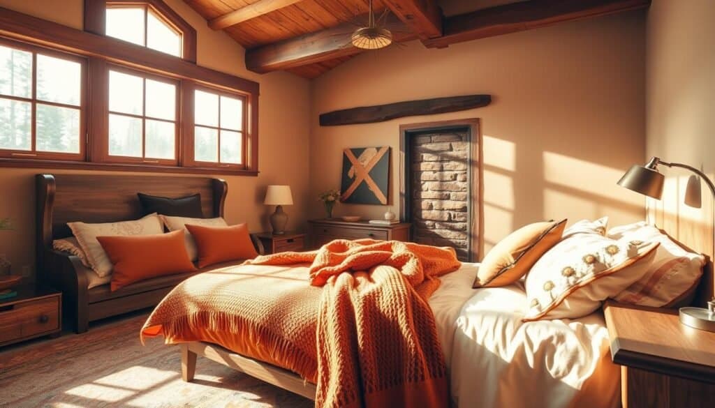 An inviting and cozy bedroom with a warm color palette, soft lighting, and natural textures. Sunlight streams through large windows, illuminating rich wood furniture and plush bedding in earthy tones of ochre, terracotta, and sienna. Layers of textiles, from a knitted throw to patterned pillows, create a sense of comfort and depth. Wooden ceiling beams and a rustic accent wall add architectural interest, while subtle metallic accents glimmer. The overall atmosphere evokes a soothing, intimate retreat, perfect for relaxation and restoration.