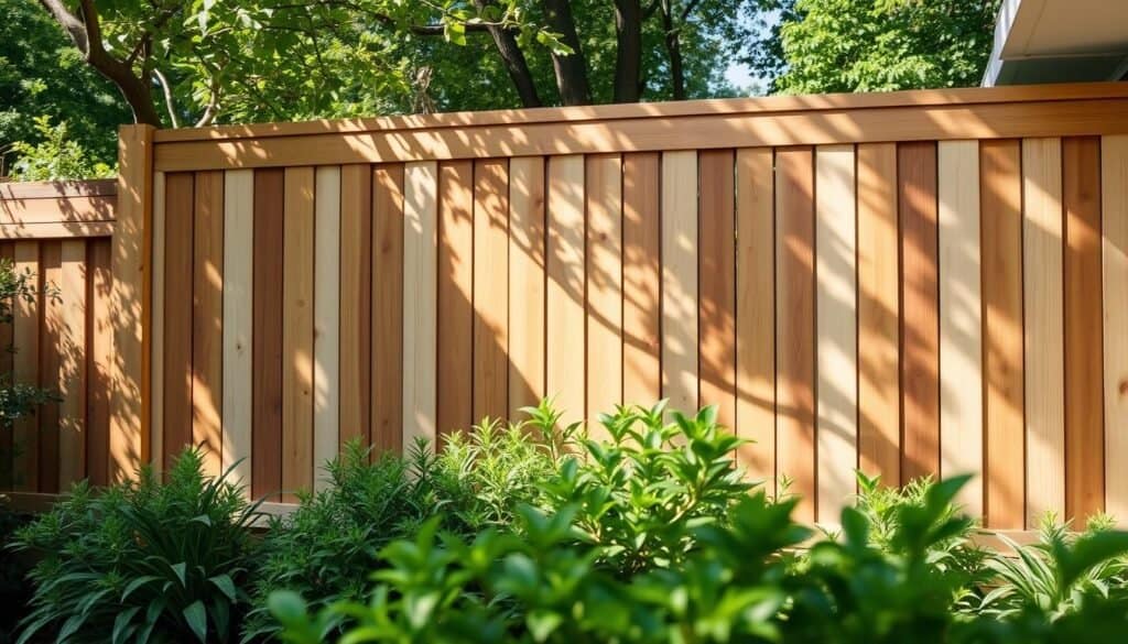 An outdoor DIY privacy wall, meticulously crafted with natural wood panels that seamlessly blend into a lush, verdant backyard. Sunlight filters through the carefully spaced slats, casting a warm, inviting glow. The wall's sturdy yet elegant design showcases expert woodworking, featuring clean lines and a harmonious blend of textures. In the foreground, a well-tended garden adds a touch of vibrant greenery, complementing the earthy tones of the privacy screen. The middle ground showcases the wall's practical functionality, providing a serene, secluded space for relaxation. Captured with a wide-angle lens, the image conveys a sense of tranquility and a designer-inspired backyard retreat.