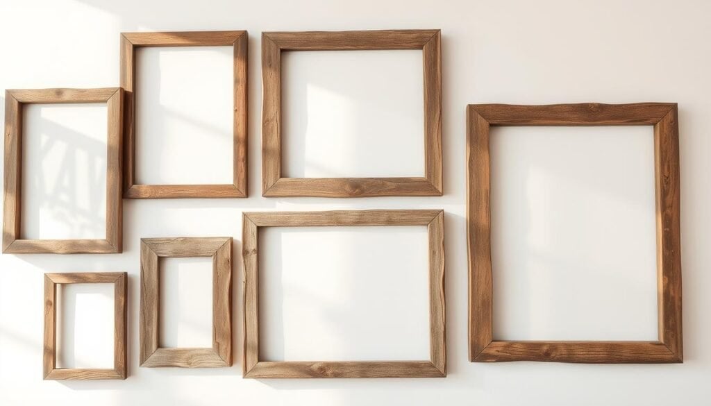 Antique, weathered reclaimed wood frames in various shapes and sizes, arranged artfully on a plain white wall. Soft natural lighting filters through the distressed wood grain, casting warm shadows. The frames have a rustic, lived-in charm, their imperfections adding character. The arrangement is visually striking, with the frames' irregular edges and textures creating visual interest. The overall mood is one of understated sophistication and a touch of vintage flair, perfect for highlighting artwork or photography in a stylish living space.