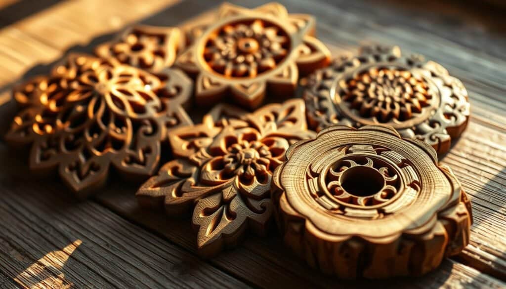 Beautifully handcrafted wood accents, delicately carved with intricate patterns and textures. A warm, natural glow illuminates the intricate grain and smooth surfaces, casting soft shadows that highlight the artistry of the craftsmanship. The pieces are carefully arranged on a rustic wooden surface, creating a harmonious composition that evokes a sense of tranquility and the joy of homemade decor. Warm, directional lighting casts a cozy ambiance, while the camera captures the accents from a medium close-up angle, showcasing the captivating details and the refined skill of the woodworker.