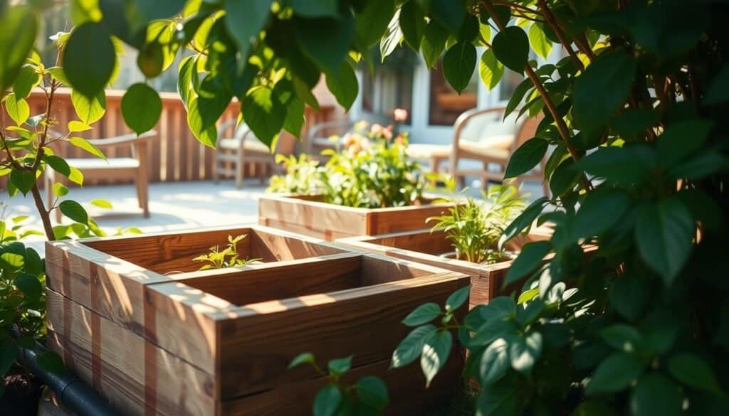 Charming wooden planter boxes nestled amongst lush greenery, their weathered boards and warm tones evoking a rustic, inviting atmosphere. Sunlight gently filters through the leaves, casting a natural, soft glow across the scene. The planters are carefully arranged, their organic shapes and textures complementing the tranquil garden setting. In the background, a cozy patio or deck provides a serene backdrop, inviting the viewer to imagine creating their own relaxing outdoor oasis with these handcrafted garden accents. The image captures the essence of a DIY project, showcasing the beauty and charm of repurposed wood as a versatile medium for home and garden decor.
