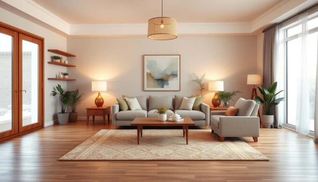 Cozy and inviting living room with tasteful furniture placement for harmonious energy flow. Wooden shelves along the walls, a plush sectional sofa facing a low coffee table, and a large area rug anchoring the space. Soft ambient lighting from table lamps and a central pendant fixture, casting a warm glow. Large windows let in natural daylight, creating a serene and rejuvenating atmosphere. Carefully curated decorative elements like potted plants and abstract artwork add visual interest. The overall scene exudes a sense of tranquility and balance, promoting a relaxing and restorative vibe.