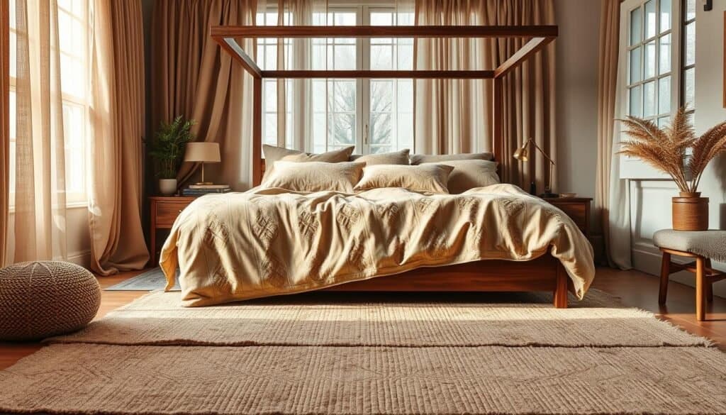 Cozy bedroom textiles: a warm, inviting scene with rich, plush fabrics in muted earth tones. Soft, oversized bedding with intricate woven patterns covers a grand four-poster bed, its wooden frame illuminated by the gentle glow of a vintage brass lamp. Sheer, flowing curtains in a complementary hue frame the scene, their delicate movement creating a sense of tranquility. In the foreground, a thick, hand-knotted area rug in a subtle geometric design grounds the space, its texture and color palette tying the entire room together. Natural light filters in through a large window, casting a cozy, ambient glow across the thoughtfully styled vignette.