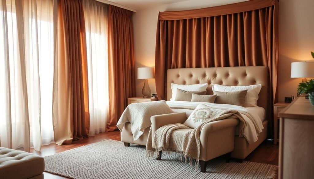 Cozy bedroom with soft, inviting textiles. Plush velvet curtains in a rich, earthy tone frame a large, tufted headboard covered in a luxurious, flowing fabric. Delicate, sheer panels hang over the windows, filtering warm, gentle light. Intricate embroidered throw pillows and a hand-knit blanket adorn a comfortable, oversized armchair, creating a welcoming nook. Textured area rug grounds the space, complementing the refined, natural wood nightstands and dresser. Subtle, ambient lighting casts a cozy glow, establishing a serene, relaxing atmosphere.