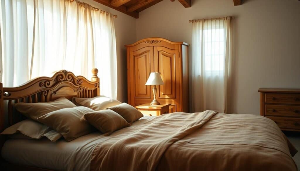 Cozy bedroom with warm, natural wooden furniture and accents. Sunlight filters through sheer curtains, casting a soft glow on the scene. A large, rustic wooden bed frame dominates the foreground, its headboard adorned with intricate carvings. Atop the bed, plush bedding and textiles in earthy tones create an inviting, relaxing atmosphere. In the middle ground, a wooden nightstand supports a simple table lamp, its light reflecting off the smooth, polished surface. In the background, a wooden dresser or armoire stands tall, its drawers and doors suggesting hidden storage and organization. The overall scene exudes a sense of warmth, comfort, and natural harmony, reflecting the psychological benefits of incorporating wood into a bedroom environment.