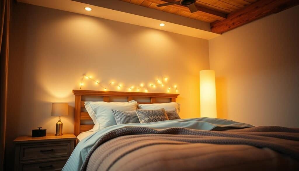 Cozy bedroom with warm, soft lighting creating a inviting ambiance. Bedside table lamps with gentle, diffused illumination. String lights along the headboard, casting a golden glow. Tall floor lamp in the corner, strategically angled to brighten the far side of the room. Ambient ceiling lights providing even, atmospheric lighting throughout. Wooden accents, plush textiles, and natural elements enhance the relaxing, homey feel. Crisp, high-quality photography with a shallow depth of field, focusing on the lighting details.