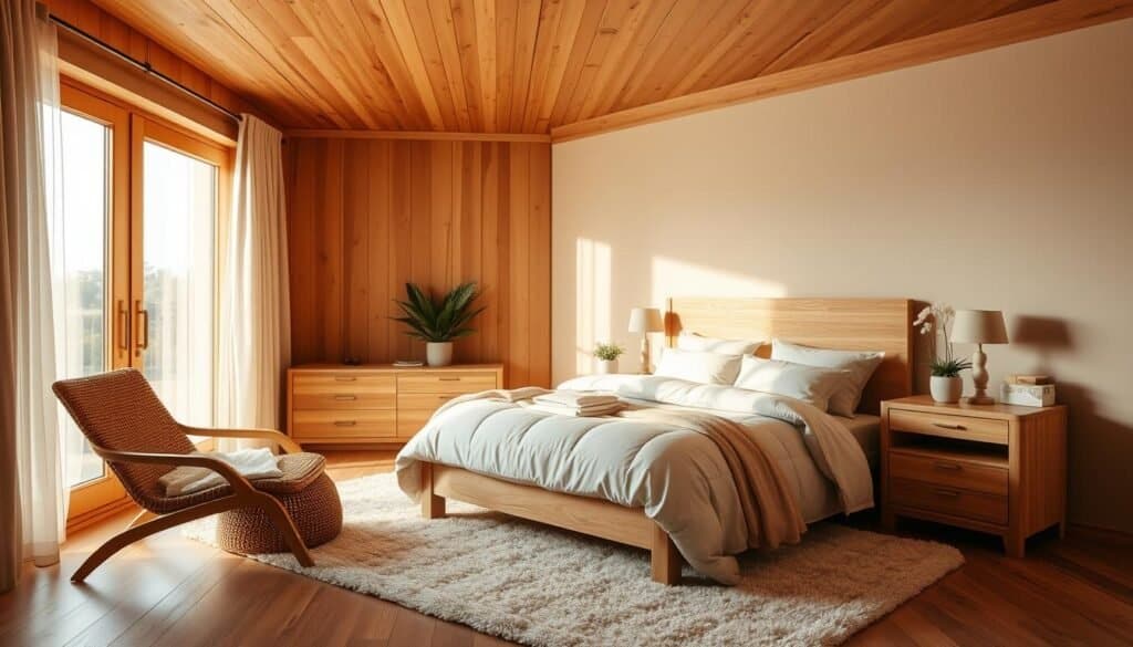 Cozy bedroom with warm wood accents, soft lighting, and a inviting atmosphere. Wooden headboard, nightstands, and armchair create a natural, rustic ambiance. Plush bedding, layered textures, and a subtle color palette evoke a sense of comfort and relaxation. Large window with wispy curtains allows natural light to filter in, casting a gentle glow. Minimal decor with potted plants and a small table lamp add simple elegance. Wooden floorboards and a plush area rug ground the space. Overall, a harmonious and tranquil bedroom design that embraces the beauty of natural wood.