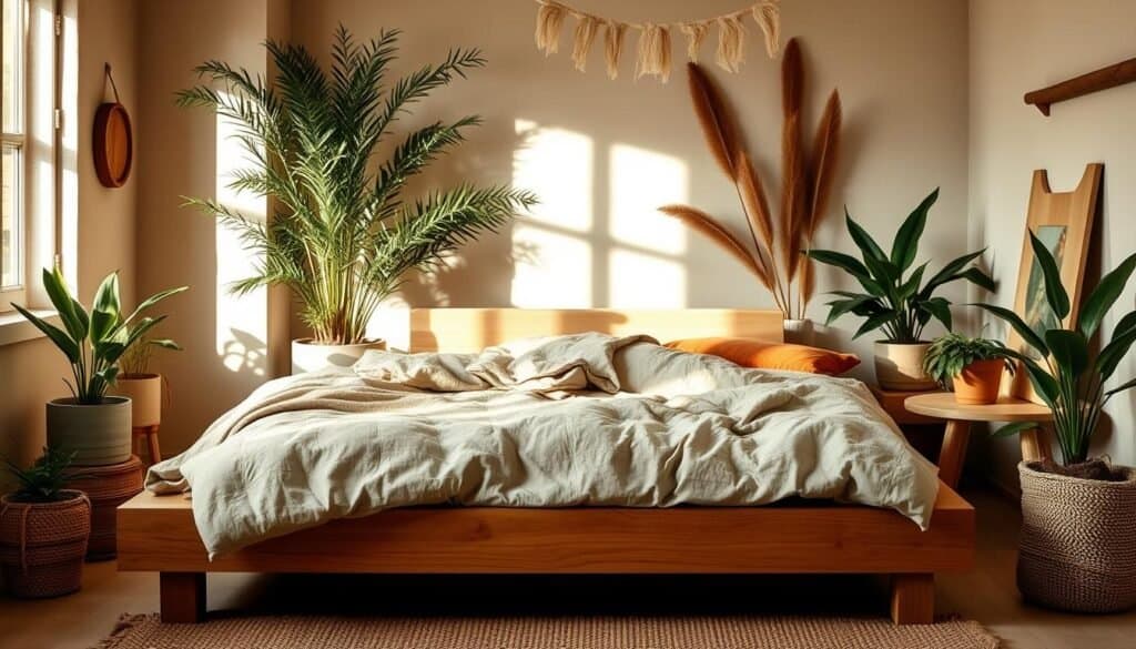 Cozy earthy bedroom with warm neutral tones. Soft, textured linens in muted shades of beige, olive, and terracotta cover a wooden platform bed. Lush potted plants and natural wood accents create a grounding, nature-inspired atmosphere. Gentle side lighting casts a tranquil ambiance, highlighting the organic materials and soothing color palette. The overall scene evokes a sense of serene simplicity, inviting relaxation and restoration.