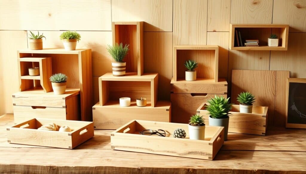Cozy wooden organizers arranged on a rustic wood surface, bathed in warm, natural lighting. Varying shapes and sizes of shelves, boxes, and trays crafted from light-toned, textured wood. Intricate grain patterns and subtle distressed details add character. The organizers display an assortment of everyday items - plants, candles, small decor pieces - creating a harmonious, homey tableau. The scene exudes a sense of relaxed functionality and inviting homeliness, perfectly suited for a cozy living space.