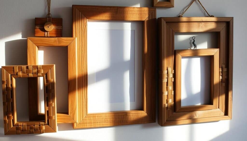 Decorative picture frames, handcrafted from rustic, weathered wood planks. Intricate, woven patterns adorn the frames, casting dynamic shadows across the surfaces. The warm, natural tones of the wood are accentuated by soft, diffused lighting, creating a cozy, inviting atmosphere. Varying frame sizes and shapes are arranged in an artful, asymmetrical display, drawing the eye to the intricate details and textures. A sense of organic, homemade charm pervades the scene, perfectly suited for showcasing cherished memories or artwork in a beautiful, handcrafted way.