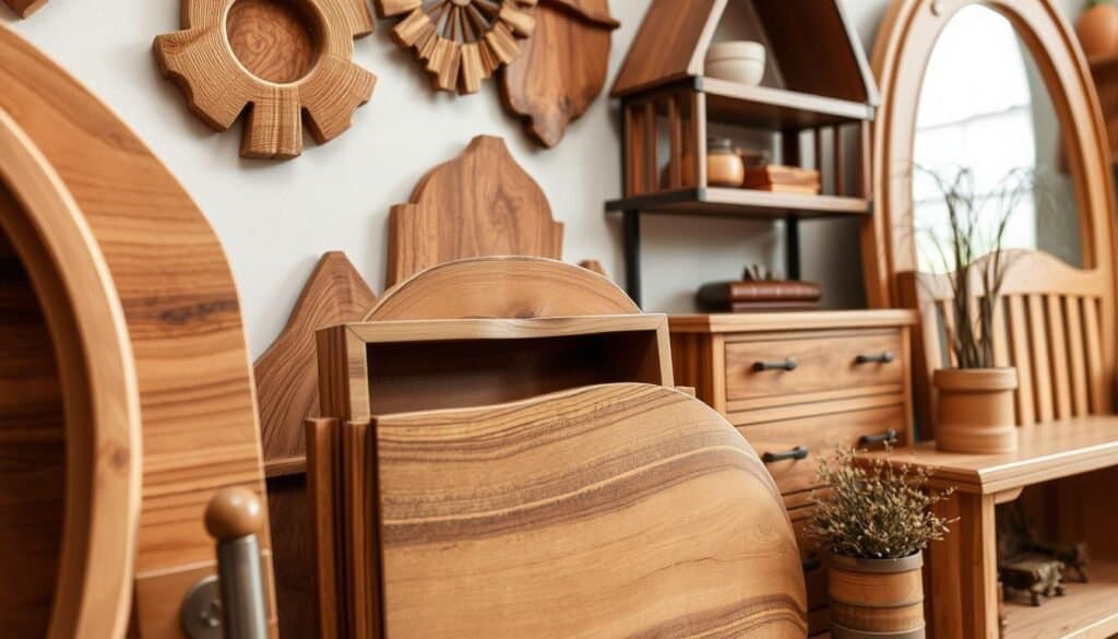 Detailed close-up of removable wooden home accents, showcasing the natural wood grain, smooth textures, and intricate craftmanship. A selection of wooden décor pieces, including wall hangings, shelves, and small furniture, are arranged in a stylish vignette with soft, even lighting. The overall scene has a warm, cozy atmosphere, highlighting the versatility and beauty of these "The Sawdust Man" handcrafted wooden accents suitable for rental homes.