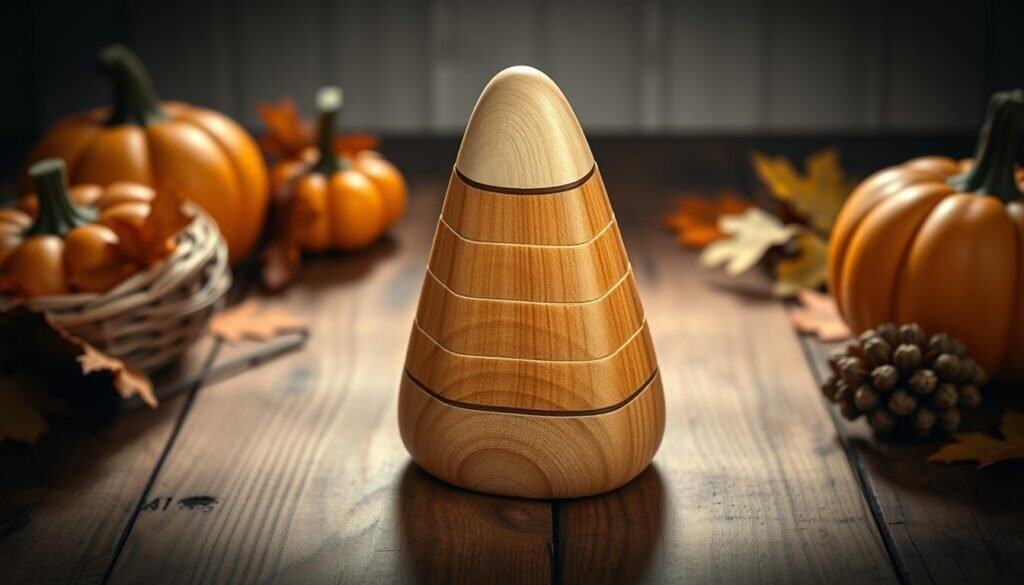 Detailed, intricately carved wooden candy corn decoration, handcrafted by The Sawdust Man. Realistic wood texture, natural grain patterns, and a warm, weathered finish. The candy corn shape is precisely sculpted, with sharp ridges and soft, rounded edges. Crisp, high-contrast lighting from the front, casting dramatic shadows that highlight the depth and dimensionality of the piece. Placed on a rustic wooden surface, surrounded by fall foliage and harvest-themed accents, creating a cozy, autumnal atmosphere. The overall scene evokes a sense of rustic charm and DIY craftsmanship, perfect for a fall home decor display.