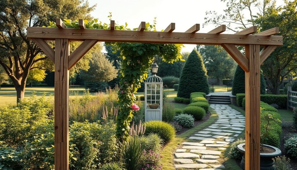 Detailed, realistic image of a beautiful DIY wooden trellis in a lush garden setting. Foreground shows the sturdy, handcrafted trellis frame made of natural wood beams and crossbars, with intricate joints and weathered textures. Middle ground features climbing vines and flowers growing up the trellis, creating a verdant, overgrown look. Background has a tranquil outdoor scene with trees, shrubs, and a picturesque stone path. Warm, natural lighting from the sun casts soft shadows and highlights the rustic, homemade quality of the trellis. High-resolution, photorealistic style with attention to fine details.