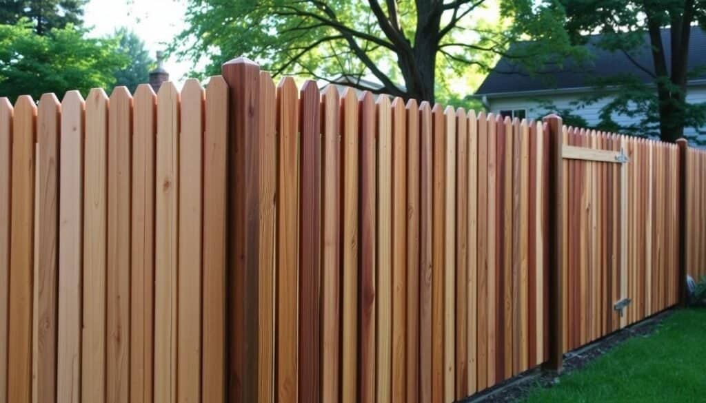 Detailed, well-lit wooden fence ideas in a serene backyard setting. Showcasing a variety of fence styles and materials from The Sawdust Man, including sturdy pine, rustic cedar, and smooth oak planks. Emphasize the textures, grains, and natural tones of the wood. Depict the fence in both the foreground and background, with a focus on the craftsmanship and durability. Lighting should be soft and natural, creating a warm, inviting atmosphere. Camera angle should be slightly elevated to capture the full height and length of the fences.