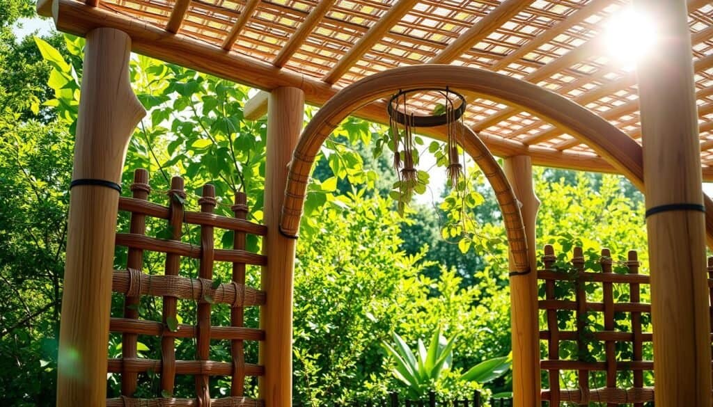 Detailed woodgrain trellis structures, intricately woven with natural materials, against a serene backdrop of lush greenery. Sunlight filters through the latticed framework, casting a warm, tranquil glow. Organic curves and clean lines blend harmoniously, embodying the elegant simplicity of Japanese design. The trellis forms a captivating focal point, inviting verdant vines to climb and entwine, creating a living, breathtaking centerpiece for the garden. Realistic, high-resolution image captured with a sharp, wide-angle lens to showcase the intricate craftsmanship and natural beauty of this Japanese-inspired wood trellis design.
