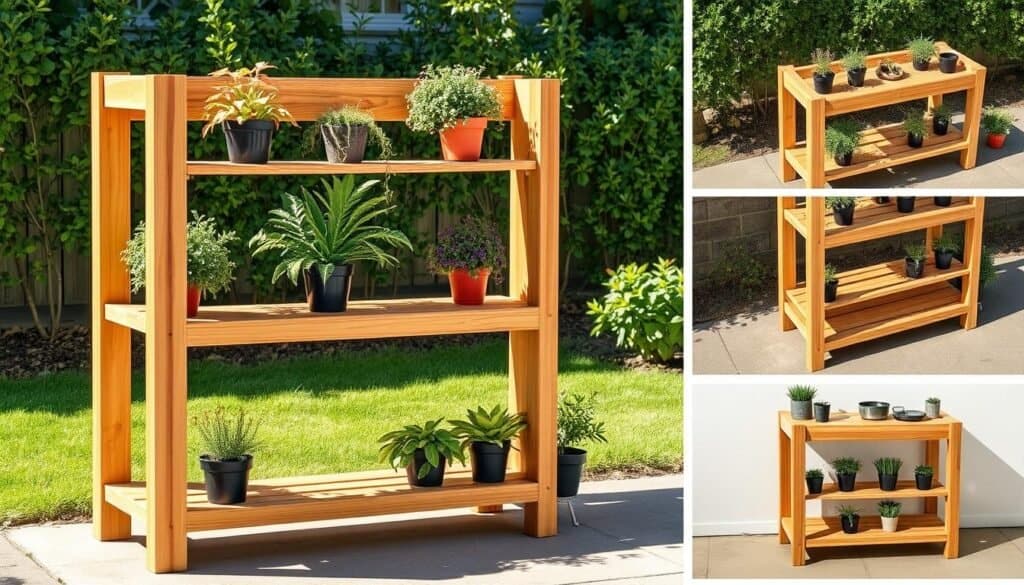 Detailed woodworking plans for a DIY outdoor plant stand, showcased in natural light. Sturdy wooden frame with open shelving units, designed for potted plants and herbs. Smooth, sanded surfaces in warm, earthy tones. Carefully arranged plants and greenery accentuate the rustic, handcrafted aesthetic. Minimal decorative elements allow the craftsmanship to shine. Soft shadows and highlights create depth and dimensionality. High-resolution, photographic quality capturing the step-by-step construction process from various angles. Detailed woodworking plans for a DIY outdoor plant stand, showcased in natural light. Sturdy wooden frame with open shelving units, designed for potted plants and herbs. Smooth, sanded surfaces in warm, earthy tones. Carefully arranged plants and greenery accentuate the rustic, handcrafted aesthetic. Minimal decorative elements allow the craftsmanship to shine. Soft shadows and highlights create depth and dimensionality. High-resolution, photographic quality capturing the step-by-step construction process from various angles.