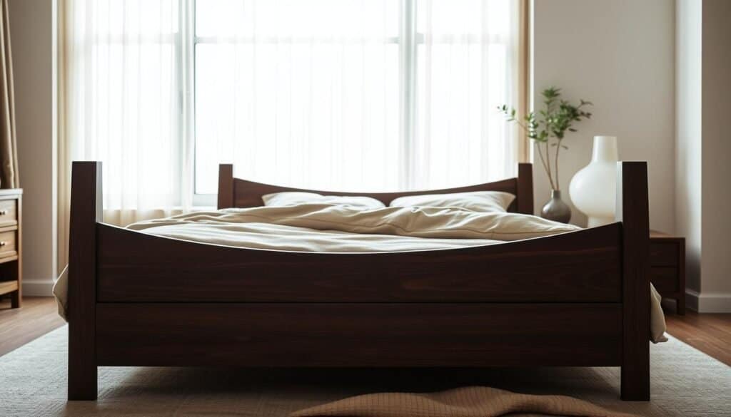 Elegant and inviting dark wood bed frames captured in a warm, cozy bedroom setting. Smooth, richly-grained hardwood headboard and footboard frames with clean lines and subtle details. Plush, textured bedding in muted tones complements the wood tones. Soft, diffused lighting from a large window casts a gentle glow, creating an atmosphere of tranquility and relaxation. The frame is positioned at a slight angle, lending a sense of depth and perspective. Overall, a harmonious and welcoming scene that evokes a sense of comfort and serenity.