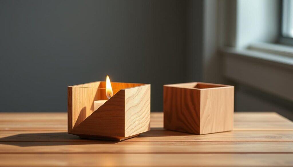 Elegant modern geometric wooden candle holder with clean lines and angular form. Detailed wood grain texture, warm natural tones. Minimal, minimalist design with rectangular or triangular shapes. Candlelight flickering, creating soft, cozy ambiance. Positioned on a simple wooden or concrete surface, in natural daylight or studio lighting setup. Crisp, high-quality photographic style with depth of field, capturing the craftsmanship and material qualities.