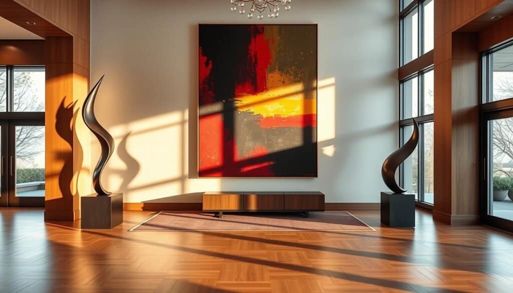 Elegant statement art pieces adorning a grand entryway. A bold abstract canvas in rich hues commands attention, flanked by sleek modern sculptures casting dramatic shadows. Warm lighting filters through large windows, illuminating the carefully curated display. Plush textiles and polished hardwood surfaces create a welcoming, high-end ambiance. The composition is balanced and visually striking, inviting visitors to pause and appreciate the carefully selected artistic works. Realistic, photorealistic, 8K resolution, DSLR camera, wide-angle lens.