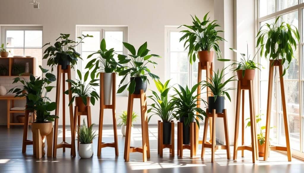 Elegant wooden plant stands, their natural grain and warm tones complementing the lush greenery of thriving houseplants. A harmonious arrangement in a well-lit, airy space, with soft shadows and gentle highlights accentuating the artisanal craftsmanship. The stands are positioned at varying heights, creating a visually captivating display that draws the eye. Sunlight filters through large windows, casting a soft, inviting glow upon the scene. The overall atmosphere is one of tranquility and natural beauty, inviting the viewer to pause and appreciate the simple pleasures of bringing the outdoors in.